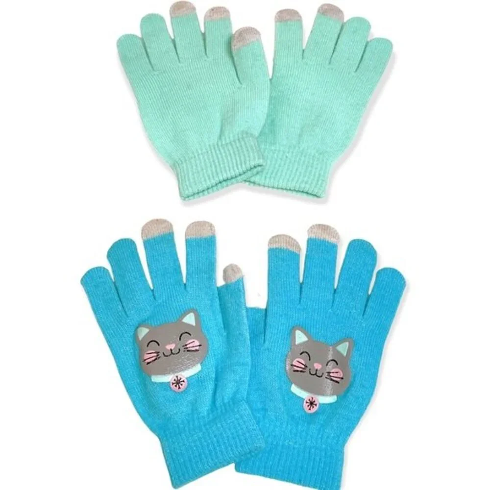 2 Sets Blue and Teal Cat Themed Winter Gloves
